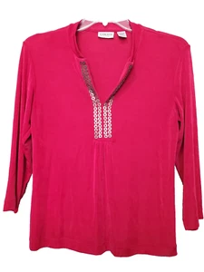 CHICO'S TRAVELERS Red Grommet Detail Split Neck 3/4 Sleeve Blouse Size 1 Medium - Picture 1 of 7
