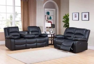 Black Recliner Sofa 3 2 1 Seater Set Couch with Cup Holders + Corner sofa Roma - Picture 1 of 9