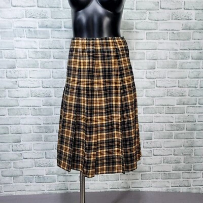 Vintage 70s Pendleton S Yellow Black Plaid Pleated Wool Aline Skirt Hi Waisted - Image 1 of 4
