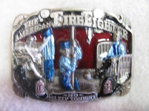 USA 1986 American Firefighter No Sleep Buckle Pewter Enamel + Loop + Prong #1648 - Picture 1 of 4