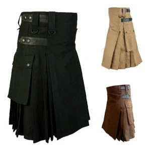Men Vintage Kilt Scotland Gothic Fashion Kendo Pocket Retro Skirt Scottish Dress - Picture 1 of 35