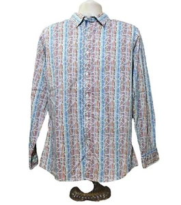 Cremieux Shirt L Blue Red Tan Stripes Abstract Long Sleeve 100% Cotton - Picture 1 of 5