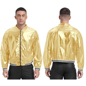 Men Shiny Metallic Bomber Jacket Baseball Coat Outerwear 70s Disco Party Costume - Picture 1 of 52