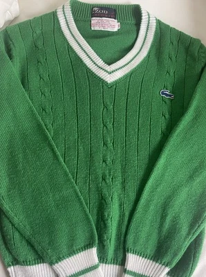 Suéter vintage masculino verde Lacoste gola V anos 70/80 tamanho 16 mas leia a descrição - Imagem 1 de 4