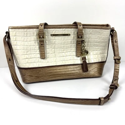 BRAHMIN Mini Asher Genuine Leather Croc Embossed Shoulder Bag Satchel Tan /Cream - Image 1 of 4