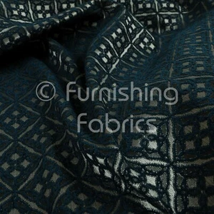 Modern Small Medallion Geometric Pattern Blue Silver Shine Upholstery Fabric - Picture 1 of 5