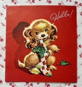 Tarjeta de felicitación de acebo vintage de mediados de siglo de Navidad linda para cachorro de spaniel - Imagen 1 de 4