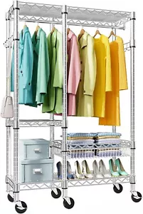 Heavy Duty Clothes Rack Rolling Clothing Garment Rack Closet with 3 Storage Tier - Picture 1 of 9