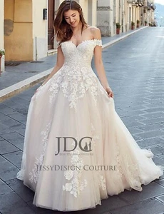 Brautkleid Hochzeitskleid Spitze Off-Schulter Schnürt Ivory Champagne 32-60 Neu - Bild 1 von 10