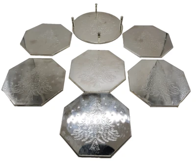 Silver Plated Vintage Christmas Tree Drink Coasters 6-Pack Boxed - Image 1 of 4