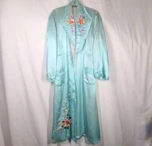 Vtg 40s Silk Robe Blue Pinup Pleat Edges Floral Glamour Large Plus Size Rare  - Picture 1 of 24