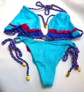 Beach Bunny Bikini Set Blue gold tone tie ends Top Medium Bottom XSmall Swimwear - Picture 1 of 5