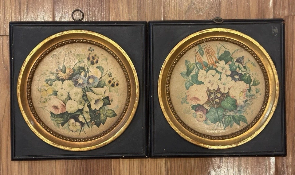 PAR DE CUADRADOS DE ARTE FLORAL VICTORIANOS COLGANTES DE PARED DE BORGHESE DE COLECCIÓN ORIGINALES 9,5 PULGADAS Foto 1 de 4