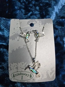 Vintage Abalone Blue Green Shell Jewlery Hummingbird Necklace Earrings Set Silve - Picture 1 of 5