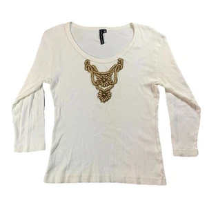 Camisa Top Cha Vente Blanca Manga Larga Marrón Cuentas Abstracta Talla Mediana - Imagen 1 de 15
