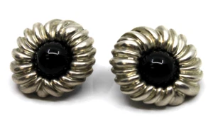 Tiffany & Co Vintage 80s Sterling Silver Black Onyx Flower Omega Back Earrings - Picture 1 of 8