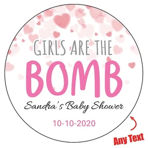 70 x GIRLS ARE THE BOMB Babyparty personalisierte Aufkleber Gender Party 1073 - Bild 1 von 6