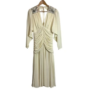 Vintage 1982 Casadei Women’s Size 8 Sequin Dress Ruched Ivory Prom Wedding Pearl - Picture 1 of 16