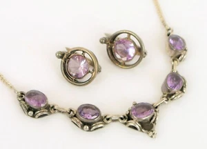 VINTAGE BEAUTIFUL STERLING SILVER PURPLE AMETHYST NECKLACE EARRINGS SET NICE - Picture 1 of 2