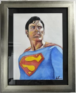 CHRISTOPHER REEVE / SUPERMAN Arte Original FIRMADO artista Ash Gonzales Pro Enmarcado - Imagen 1 de 2