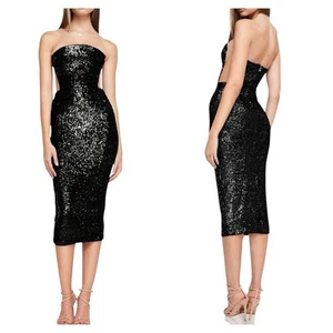 Nuevo con etiquetas Vestido Nookie Lumiere Negro Lentejuelas Sin Tirantes Malla Recorte Bodycon Midi Talla M - Imagen 1 de 6