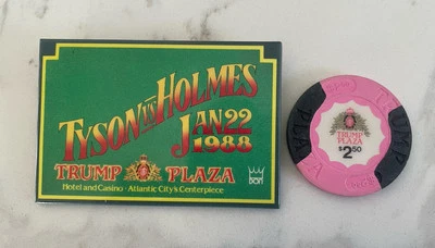 VTG Mike Tyson Larry Holmes Jan 1988 Trump Plaza Boxing Button Pin & Casino Chip - Image 1 of 4