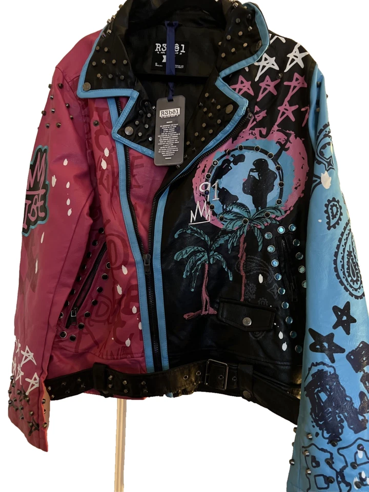 R3bel 朋克骷髅骑手人造皮革摩托车夹克 M 码黑色和粉红色时尚 — 第 1/4 张图片