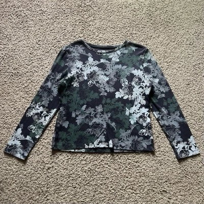 Vintage Y2K Shirt Medium Floral Print Blue Sleeve Cotton Whimsigoth Fairy Grunge - Image 1 of 4