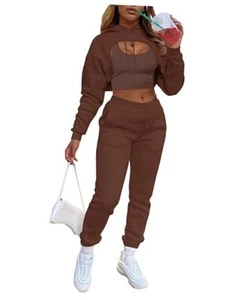  Women 3 Piece Outfits Tracksuits Set Sexy Long Sleeve Pullover Large Brown - Picture 1 of 6