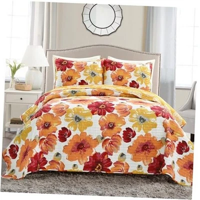  Leah Reversible Floral 3 Piece Set, Full/ Full/Queen Red & Orange Quilt Set - Image 1 of 4