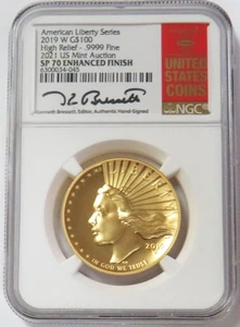 2019 W GOLD BRESSETT RED BOOK LABEL $100 HIGH RELIEF 1oz NGC SP 70 ENHANCED - Picture 1 of 2