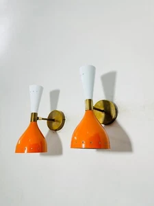 1950s Mid Century Brass orange and White Wall Sconce Pair Italian Adjustable Dia - Picture 1 of 7