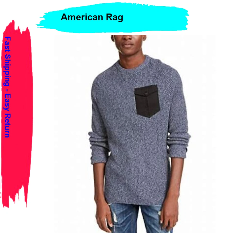 American Rag Mens Sweater Navy Blue Large L Marled Knit Pocket Crewneck 044