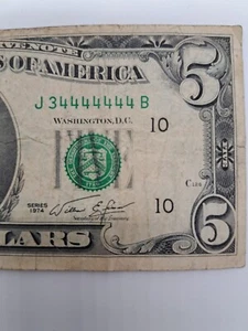 1974 $5 Five Dollar Bill Note Fancy Serial Number J34444444B - Picture 1 of 4