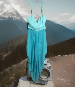 BEBE WOMENS TWO TONE AQUA HALTER MIDI DRESS 100% SILK SIZE 2 NEW WITH TAGS - Picture 1 of 10