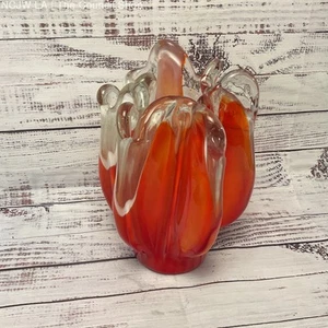 Red Orange White Hand Made Flame Flower Glass Vase 9" - Picture 1 of 4