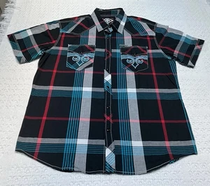 Camisa a Presión Affliction Dry Goods Para Hombre L Grande Calce Ajustado Negra Azul SS - Imagen 1 de 8