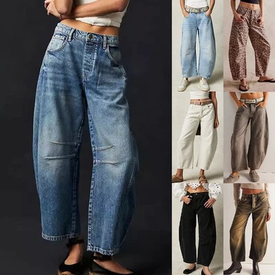 Womens Pockets Harem Denim Jeans Trousers Baggy Mid Rise Barrel Pants Plus Size - Image 1 of 4