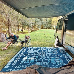 RECYCLED Plastic Outdoor Rug | Australian Peacock Promenade Design, Square, Navy - Picture 1 of 4