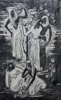 Margot Grünthal, sign. Linolschnitt auf Japan, Frauen mit Blumenkörben am Wasser - Bild 1 von 4