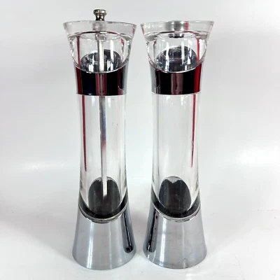 Pair of OLDE THOMPSON Salt & Pepper Mill Set Lucite Acrylic Chrome 10" - Image 1 of 4