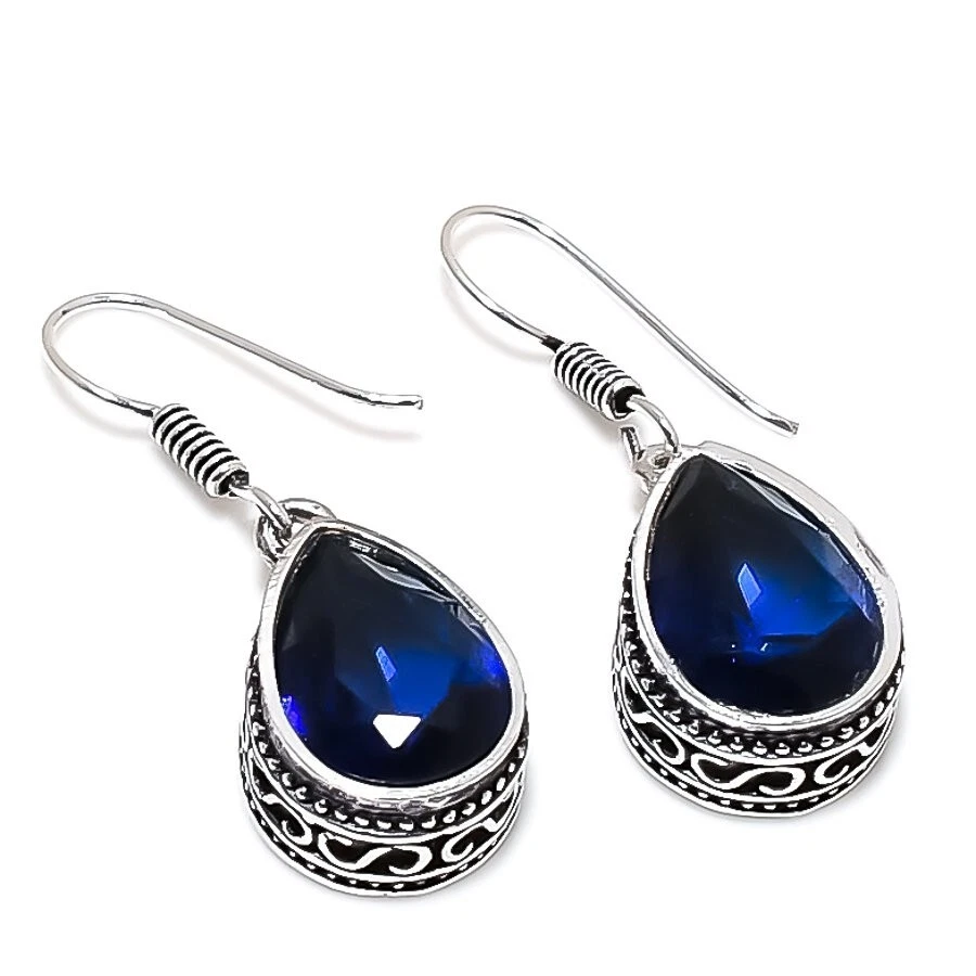 Blue Tanzanite Gemstone Handmade 925 Sterling Silver Jewelry Earring Size 1.4" - Image 1 of 1