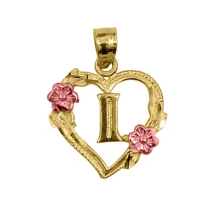 Genuine 14k Two-tone Gold 0.66" Initial I Heart-shaped Flower Pendant For Women - Picture 1 of 5