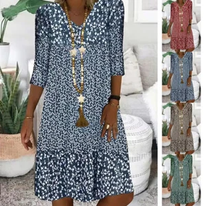 Women Summer Beach Boho Sundress Ladies Holiday V Neck Floral Dress Plus Size - Picture 1 of 16