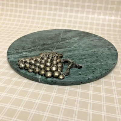 Godinger Grapes On Vine Marble Round Cheese Tray Silver Plated  Green Marble 10" - Image 1 of 4