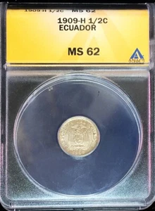 1909 H ECUADOR 1/2 CENTAVO COIN HEATON MINT ANACS MINT STATE 62 - Picture 1 of 3