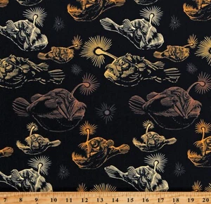 Cotton Anglerfish Deep Sea Gold Anglers Black Fabric Print by the Yard D774.99 - Picture 1 of 1