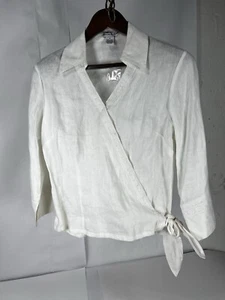 NWT Alexandra Bartlett linen Top Blouse Shirt Wrap 3/4 Sleeve Lace Crochet Trim - Picture 1 of 9