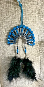 Native American Beaded Indian Headdress w/ Feathers Hand Made Turquoise & Black - Picture 1 of 6
