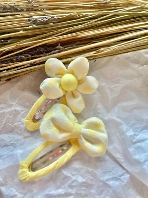 Yellow Flower Bow Polkadot Puffy Cotton Hair Clips | Children Hair Clips - Imagem 1 de 3